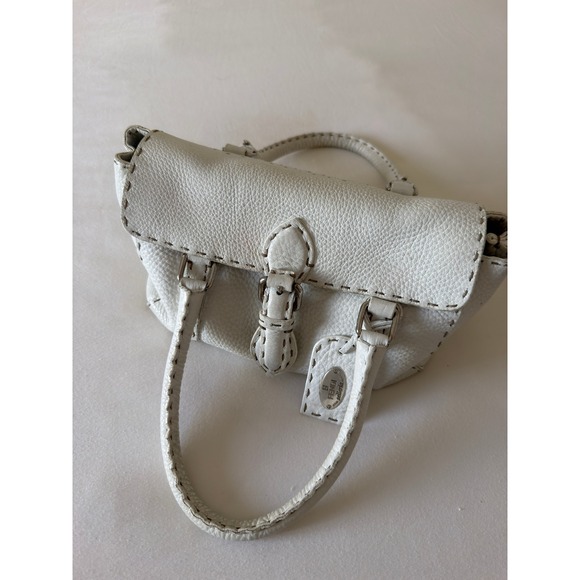 Fendi Handbags - Fendi Selleria White Pebbled Leather Mini Handbag Sterling Silver Plaque Handbag